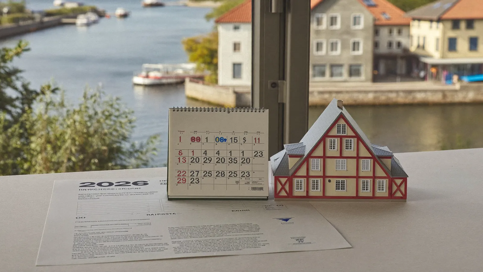 Calendrier 2026, rapport de DPE et maquette de maison basque à colombages rouge à Bayonne